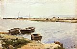 Joaquin Sorolla Y Bastida Canvas Paintings - Three Boats By A Shore